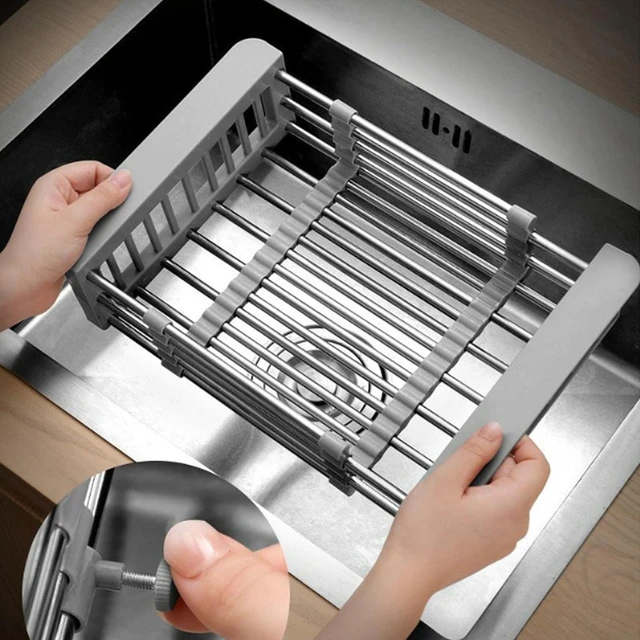 Alt view image 4 of 7 - Extend Kitchen Sink Drain Basket,Stainless Steel Retractable Sink Rack,Over Sink Dish Rack,Portable Telescopic Kitchen Sinks Accessories,Extender Basket for Vegetables Fruits and Dishes(Black,Large)