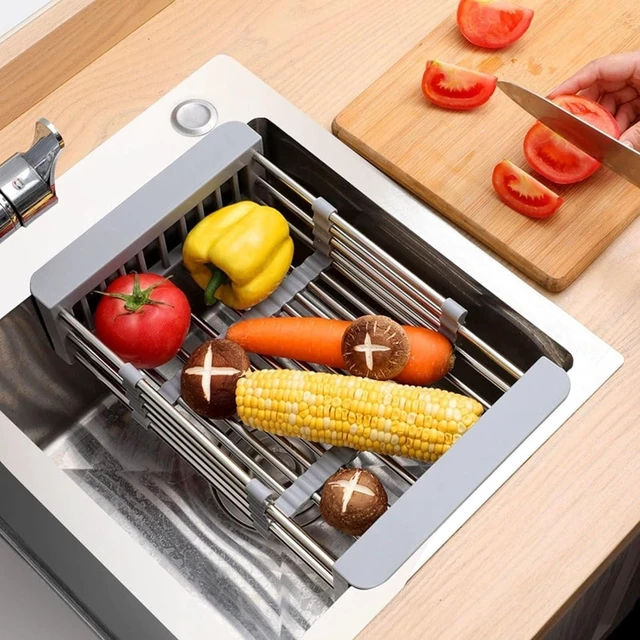 Alt view image 2 of 7 - Extend Kitchen Sink Drain Basket,Stainless Steel Retractable Sink Rack,Over Sink Dish Rack,Portable Telescopic Kitchen Sinks Accessories,Extender Basket for Vegetables Fruits and Dishes(Black,Large)
