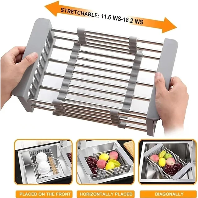 Alt view image 3 of 7 - Extend Kitchen Sink Drain Basket,Stainless Steel Retractable Sink Rack,Over Sink Dish Rack,Portable Telescopic Kitchen Sinks Accessories,Extender Basket for Vegetables Fruits and Dishes(Black,Large)