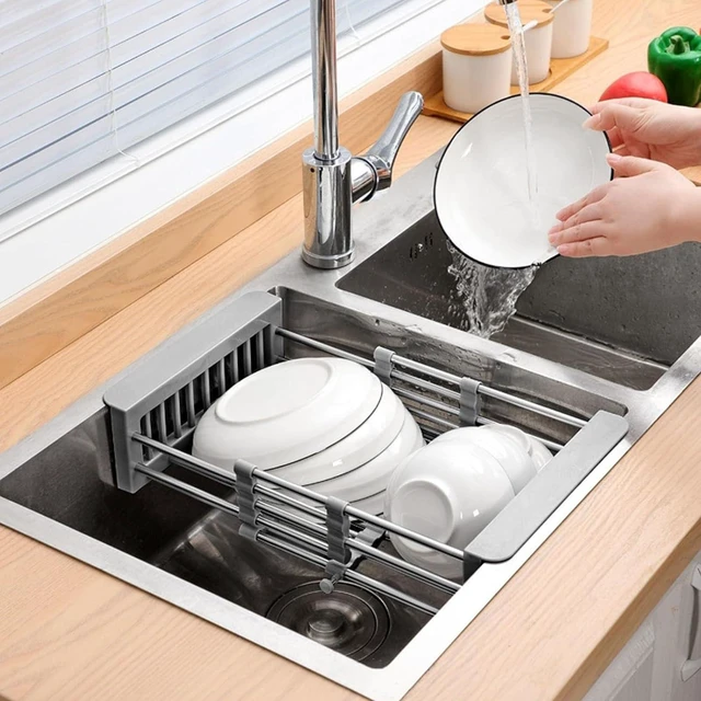 Alt view image 5 of 7 - Extend Kitchen Sink Drain Basket,Stainless Steel Retractable Sink Rack,Over Sink Dish Rack,Portable Telescopic Kitchen Sinks Accessories,Extender Basket for Vegetables Fruits and Dishes(Black,Large)