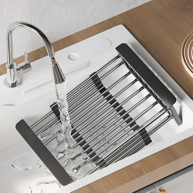 Alt view image 6 of 7 - Extend Kitchen Sink Drain Basket,Stainless Steel Retractable Sink Rack,Over Sink Dish Rack,Portable Telescopic Kitchen Sinks Accessories,Extender Basket for Vegetables Fruits and Dishes(Black,Large)