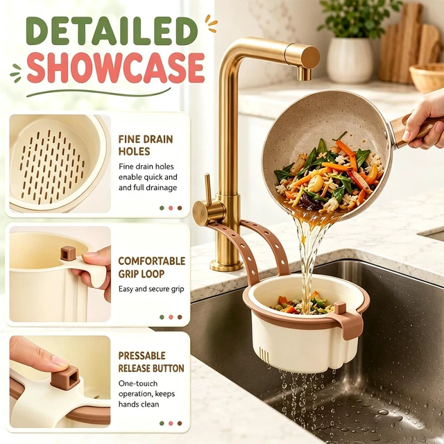 Alt view image 5 of 7 - Hanging Sink Drain Basket,2026 New Cactus Kitchen Sink Strainer Basket | Press-Type Multi-Functional Water Tank Filter Basket with Automatic Tilting Function