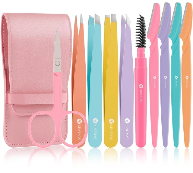 Main image of 10Pcs Tweezers Razor Scissor Set, Women Facial Precision Tweezer | for Eyebrows with Curved Scissor and Eyebrow Razor for Ingrown Hair with Case