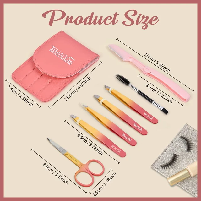 Alt view image 5 of 7 - 7 pcs Tweezers Set for Women Facial Hair, Precision Tweezer for Eyebrows with Curved Scissor and Eyebrow Razor for Ingrown Hair, Pink&Yellow