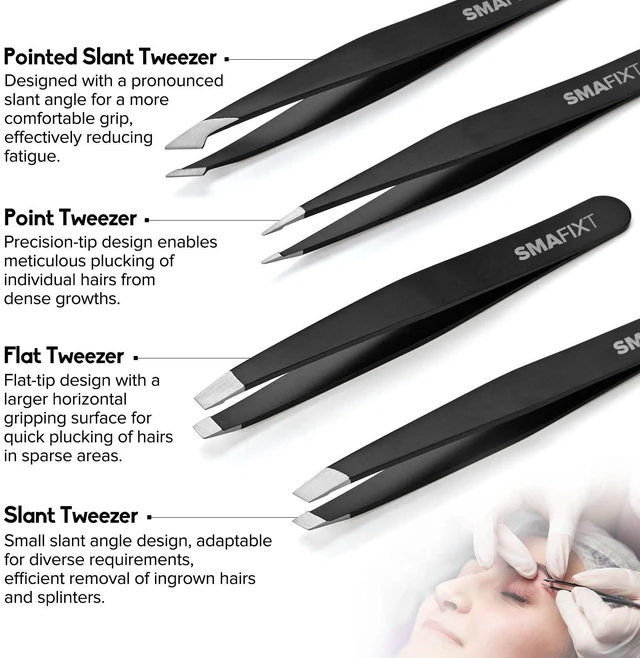 Alt view image 3 of 7 - Tweezers Set, Professional Stainless Steel Eyebrow Tweezer 4-Pack | With Travel Case for Facial Hair, Splinters and Ingrown Hair Removal