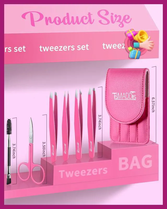 Alt view image 7 of 7 - 6 pcs Eyebrow Tweezers Set, Tweezers for Women Facial Hair with Curved Scissor and Eyebrow Brush for Ingrown Hair