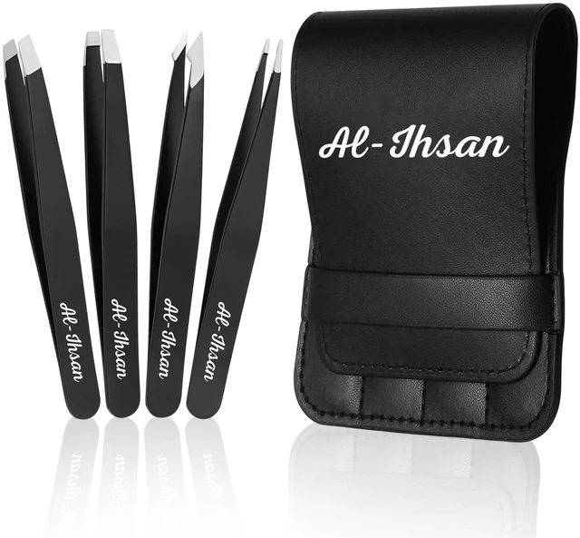 Main image of Tweezers Set - 4 Pcs Tweezer Pack with Leather Travel Case - Multi-Tip Professional Stainless Steel Eyebrow Plucker - Ingrown Hair, Splinter & Facial Hair Removal for Women and Men - Black