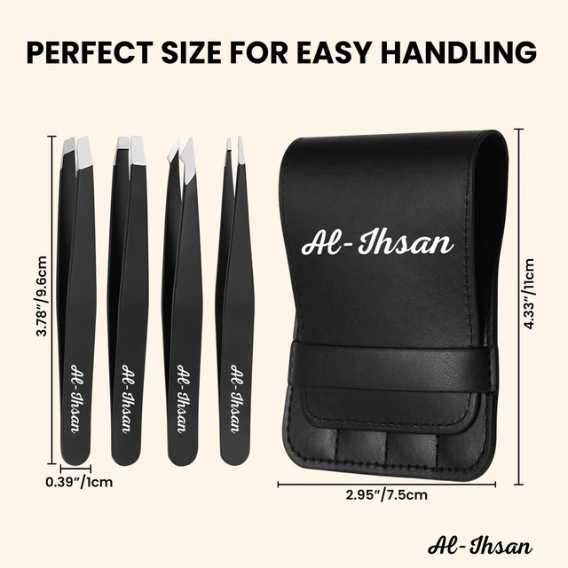 Alt view image 2 of 7 - Tweezers Set - 4 Pcs Tweezer Pack with Leather Travel Case - Multi-Tip Professional Stainless Steel Eyebrow Plucker - Ingrown Hair, Splinter & Facial Hair Removal for Women and Men - Black