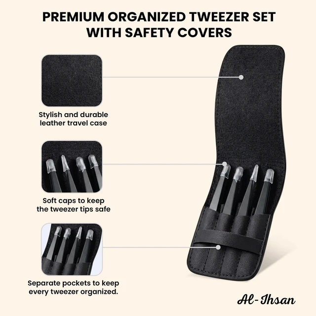 Alt view image 3 of 7 - Tweezers Set - 4 Pcs Tweezer Pack with Leather Travel Case - Multi-Tip Professional Stainless Steel Eyebrow Plucker - Ingrown Hair, Splinter & Facial Hair Removal for Women and Men - Black