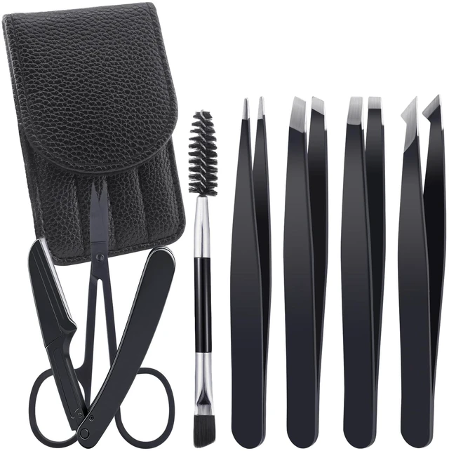 Main image of 7 PCS Eyebrow Tweezers Kit Stainless Steel Precision Tweezer Set with Brow Scissors Eyebrow Blade Spoolie for Facial, Ingrown Hair, Eyelash Extension - Black