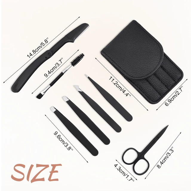 Alt view image 2 of 7 - 7 PCS Eyebrow Tweezers Kit Stainless Steel Precision Tweezer Set with Brow Scissors Eyebrow Blade Spoolie for Facial, Ingrown Hair, Eyelash Extension - Black