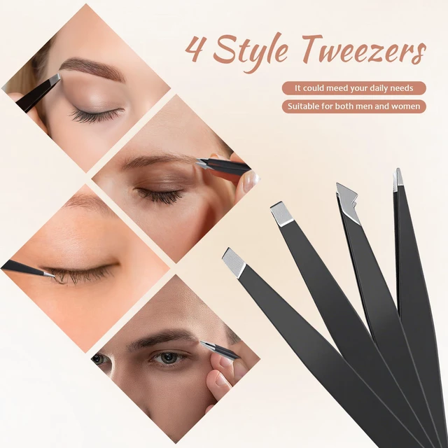 Alt view image 5 of 7 - 7 PCS Eyebrow Tweezers Kit Stainless Steel Precision Tweezer Set with Brow Scissors Eyebrow Blade Spoolie for Facial, Ingrown Hair, Eyelash Extension - Black