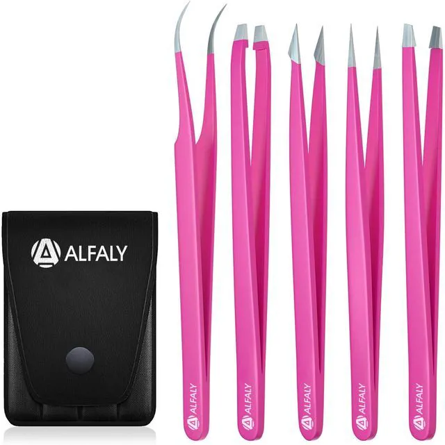 Main image of 5pcs Pink Tweezers Set with Case - Stainless Steel Professional Sharp Tweezers for Women Facial Hair - Best Precision Tweezer for Splinter Removal, Ingrown Hair & Eyebrows Shaping