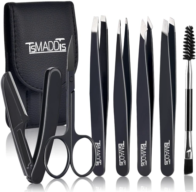 Main image of Professional Stainless Steel Tweezers for Women and Men, 7 Pack Precision Tweezers for Eyebrows with Curved Scissor and Eyebrow Razor for Ingrown Hair