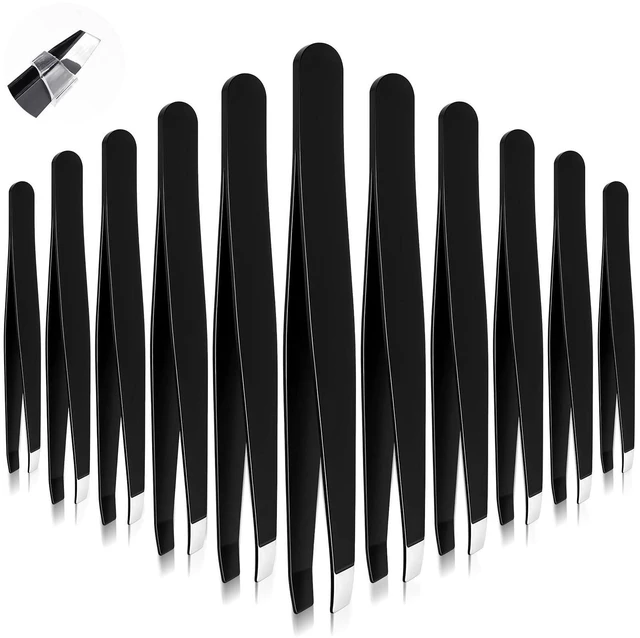 Main image of Tweezers for Eyebrows, 12 Pcs Eyebrow Tweezers Set Stainless Steel Slant Tip Tweezer Bulk Brow Tweezer for Women Men Facial Hair, Black