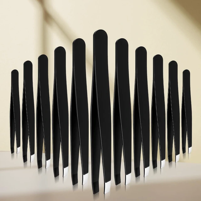 Alt view image 7 of 7 - Tweezers for Eyebrows, 12 Pcs Eyebrow Tweezers Set Stainless Steel Slant Tip Tweezer Bulk Brow Tweezer for Women Men Facial Hair, Black