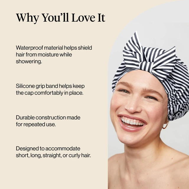 Alt view image 5 of 7 - Luxury Large Shower Cap for Women - Stripe | Shower Caps for Women Reusable Waterproof - Non-slip, Comfortable Quick-dry Hair Shower Cap for All Hair Types
