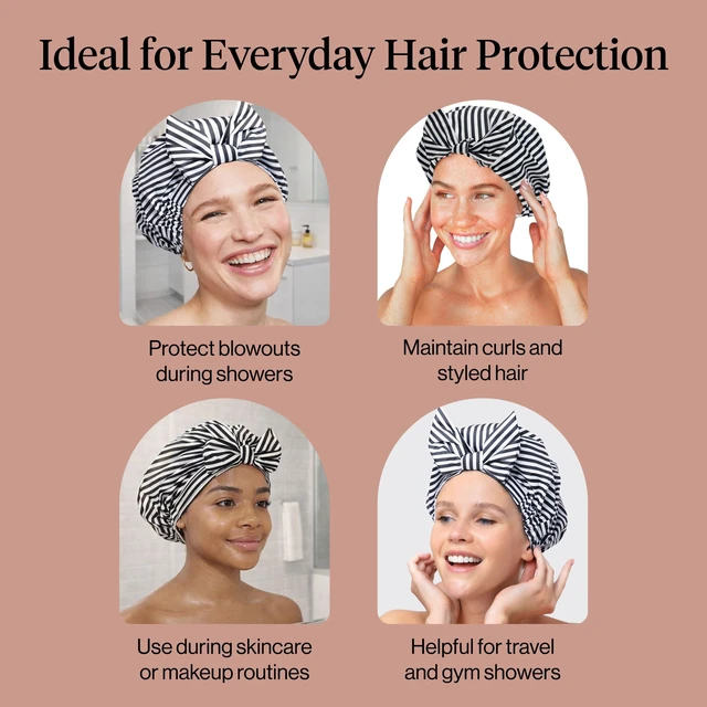 Alt view image 6 of 7 - Luxury Large Shower Cap for Women - Stripe | Shower Caps for Women Reusable Waterproof - Non-slip, Comfortable Quick-dry Hair Shower Cap for All Hair Types