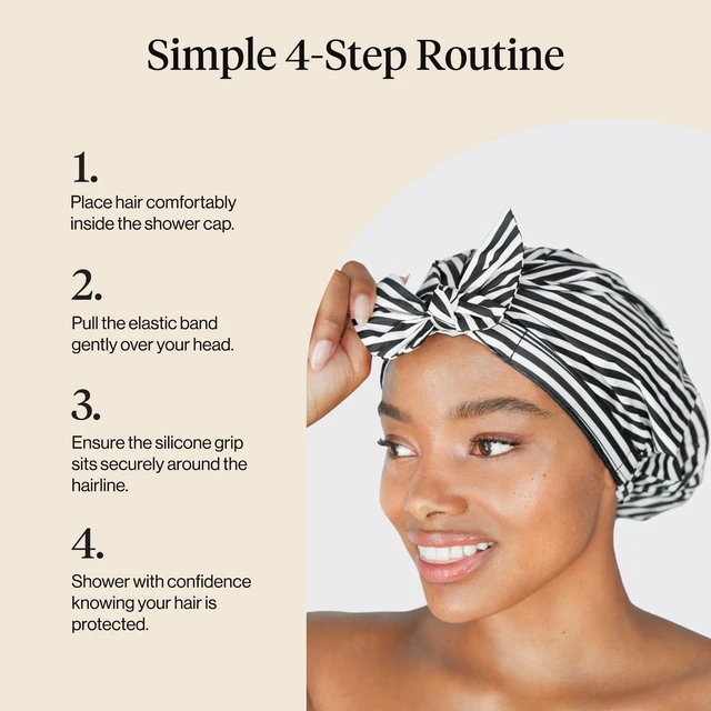 Alt view image 7 of 7 - Luxury Large Shower Cap for Women - Stripe | Shower Caps for Women Reusable Waterproof - Non-slip, Comfortable Quick-dry Hair Shower Cap for All Hair Types