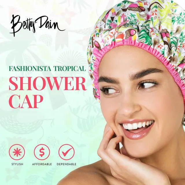 Alt view image 2 of 7 - Fashionista Reusable Shower Cap, Tropical | Oversized Waterproof PEVA Lined Bath Cap for All Hair Lengths, Elastic Stretch Hem Hair Hat