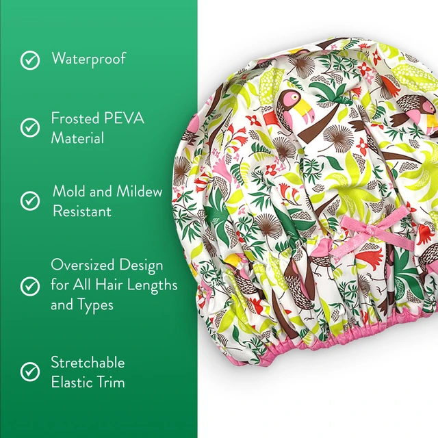 Alt view image 3 of 7 - Fashionista Reusable Shower Cap, Tropical | Oversized Waterproof PEVA Lined Bath Cap for All Hair Lengths, Elastic Stretch Hem Hair Hat