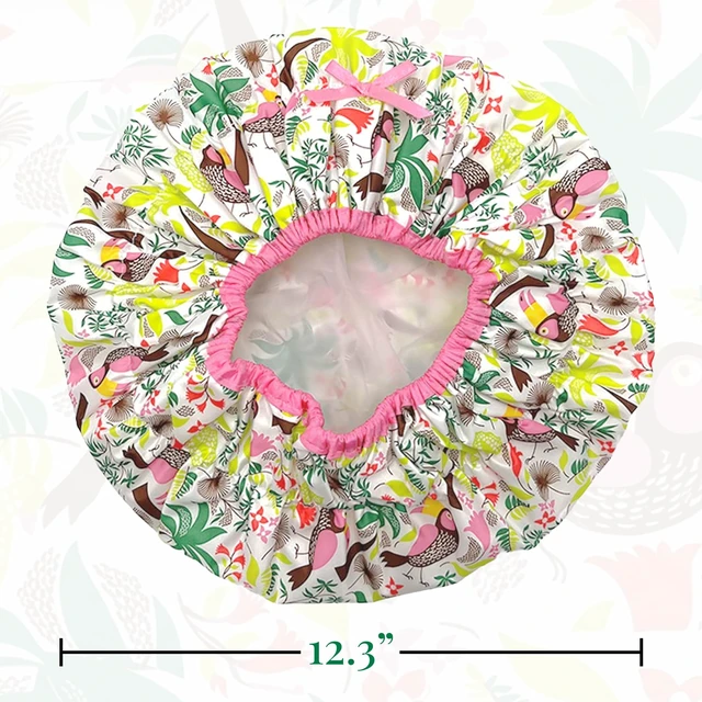 Alt view image 4 of 7 - Fashionista Reusable Shower Cap, Tropical | Oversized Waterproof PEVA Lined Bath Cap for All Hair Lengths, Elastic Stretch Hem Hair Hat