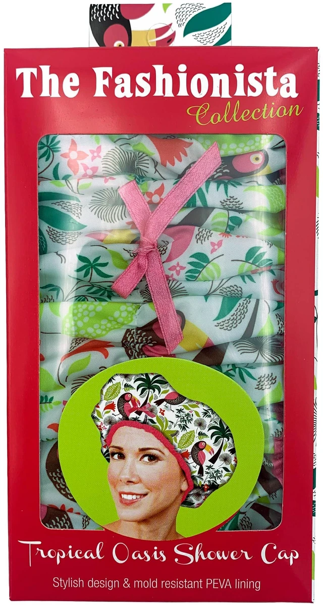 Alt view image 6 of 7 - Fashionista Reusable Shower Cap, Tropical | Oversized Waterproof PEVA Lined Bath Cap for All Hair Lengths, Elastic Stretch Hem Hair Hat