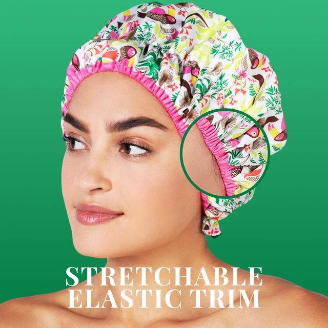 Alt view image 5 of 7 - Fashionista Reusable Shower Cap, Tropical | Oversized Waterproof PEVA Lined Bath Cap for All Hair Lengths, Elastic Stretch Hem Hair Hat