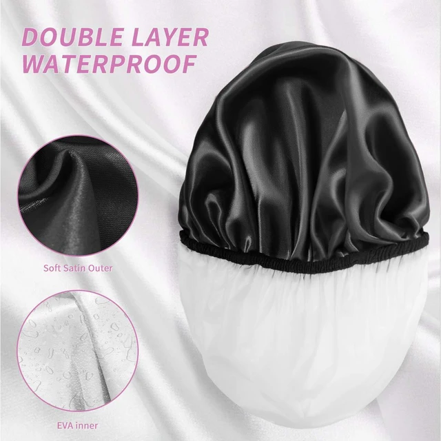 Alt view image 5 of 7 - Shower Caps, Extra Large for Women Long Hair, Double Layer Waterproof Reusable Hair Cap 4 Pieces