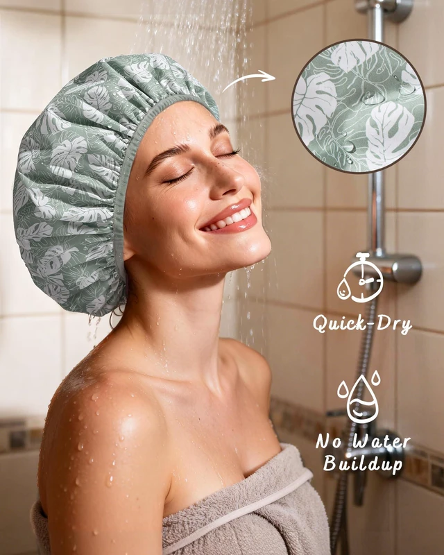 Alt view image 2 of 7 - Frizz Free Satin Lined Shower Cap with Soft Elastic Band | Reusable Waterproof & Large Durable Bath Cap with Soft Elastic Band, Luxury Hair Protection Caps, Nylon Shower Hair Cap