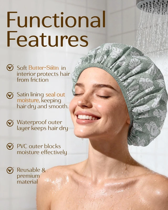 Alt view image 5 of 7 - Frizz Free Satin Lined Shower Cap with Soft Elastic Band | Reusable Waterproof & Large Durable Bath Cap with Soft Elastic Band, Luxury Hair Protection Caps, Nylon Shower Hair Cap