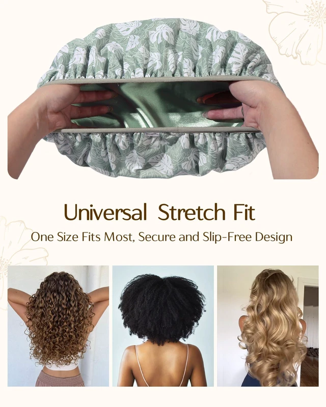 Alt view image 6 of 7 - Frizz Free Satin Lined Shower Cap with Soft Elastic Band | Reusable Waterproof & Large Durable Bath Cap with Soft Elastic Band, Luxury Hair Protection Caps, Nylon Shower Hair Cap
