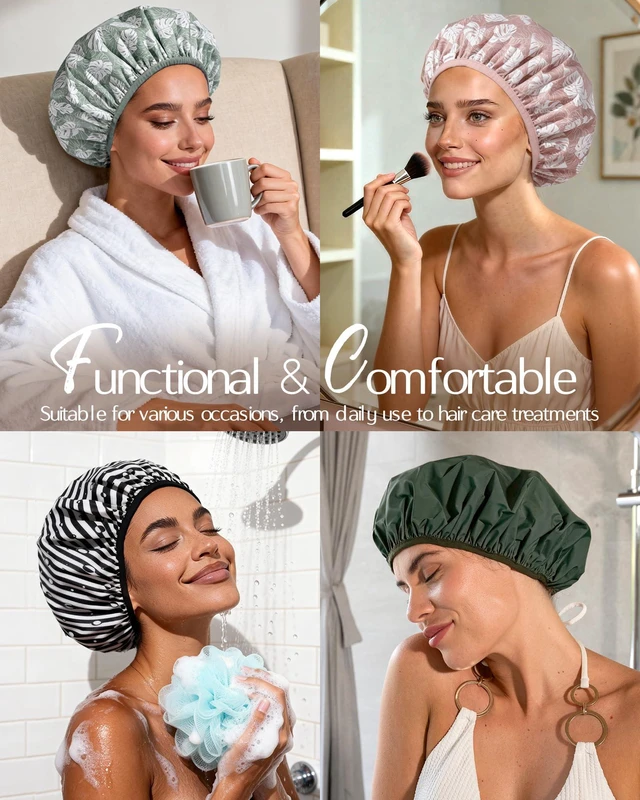 Alt view image 7 of 7 - Frizz Free Satin Lined Shower Cap with Soft Elastic Band | Reusable Waterproof & Large Durable Bath Cap with Soft Elastic Band, Luxury Hair Protection Caps, Nylon Shower Hair Cap