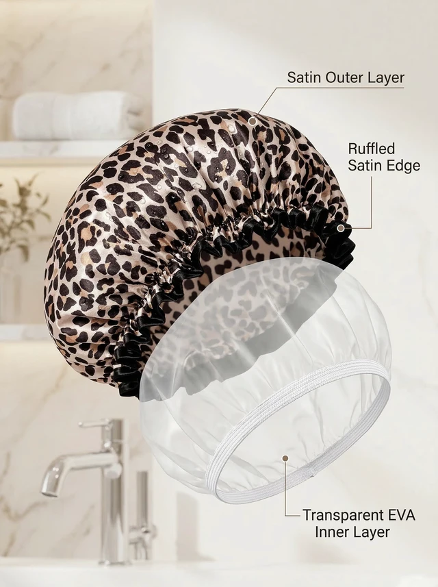 Alt view image 2 of 7 - Shower Cap, Reusable Waterproof Leopard Print Hair Cap,Dual Layer Large Ruffle Edge for Long Hair, Ideal for Shower, Skincare, Cooking, Spa and Travel Use