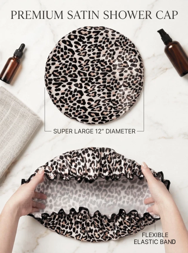 Alt view image 3 of 7 - Shower Cap, Reusable Waterproof Leopard Print Hair Cap,Dual Layer Large Ruffle Edge for Long Hair, Ideal for Shower, Skincare, Cooking, Spa and Travel Use