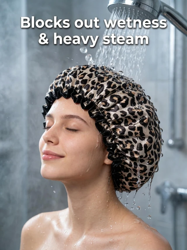 Alt view image 4 of 7 - Shower Cap, Reusable Waterproof Leopard Print Hair Cap,Dual Layer Large Ruffle Edge for Long Hair, Ideal for Shower, Skincare, Cooking, Spa and Travel Use
