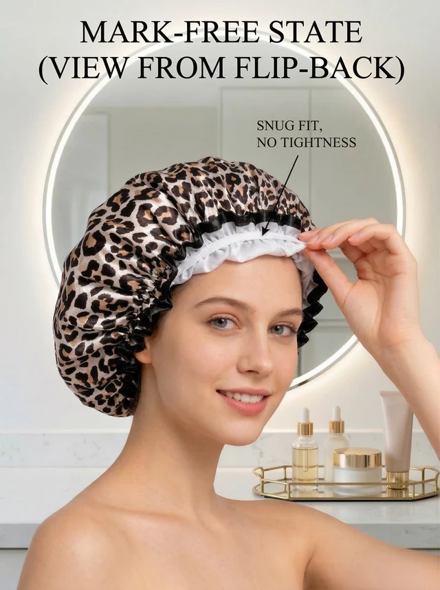 Alt view image 5 of 7 - Shower Cap, Reusable Waterproof Leopard Print Hair Cap,Dual Layer Large Ruffle Edge for Long Hair, Ideal for Shower, Skincare, Cooking, Spa and Travel Use