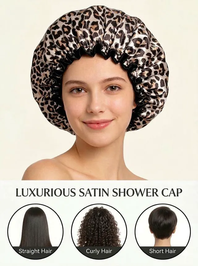 Alt view image 6 of 7 - Shower Cap, Reusable Waterproof Leopard Print Hair Cap,Dual Layer Large Ruffle Edge for Long Hair, Ideal for Shower, Skincare, Cooking, Spa and Travel Use