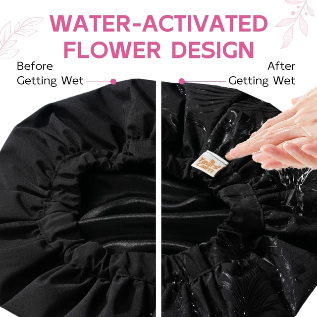 Alt view image 2 of 7 - Water-Activated Large Satin-Lined Shower Cap for Women(black) | Floral pattern appears when wet, with a wide comfort band and roomy satin-lined fit for long, curly and thick hair.