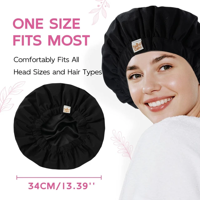 Alt view image 4 of 7 - Water-Activated Large Satin-Lined Shower Cap for Women(black) | Floral pattern appears when wet, with a wide comfort band and roomy satin-lined fit for long, curly and thick hair.