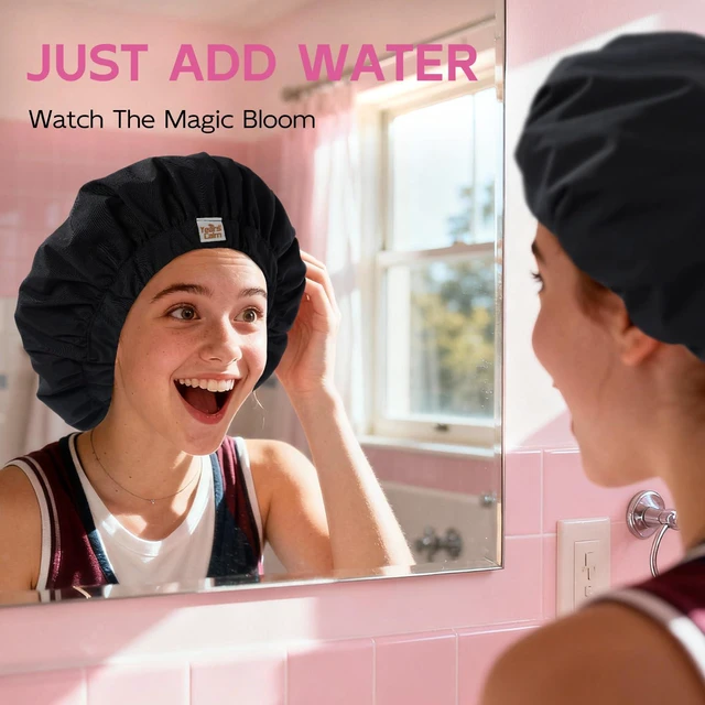 Alt view image 5 of 7 - Water-Activated Large Satin-Lined Shower Cap for Women(black) | Floral pattern appears when wet, with a wide comfort band and roomy satin-lined fit for long, curly and thick hair.