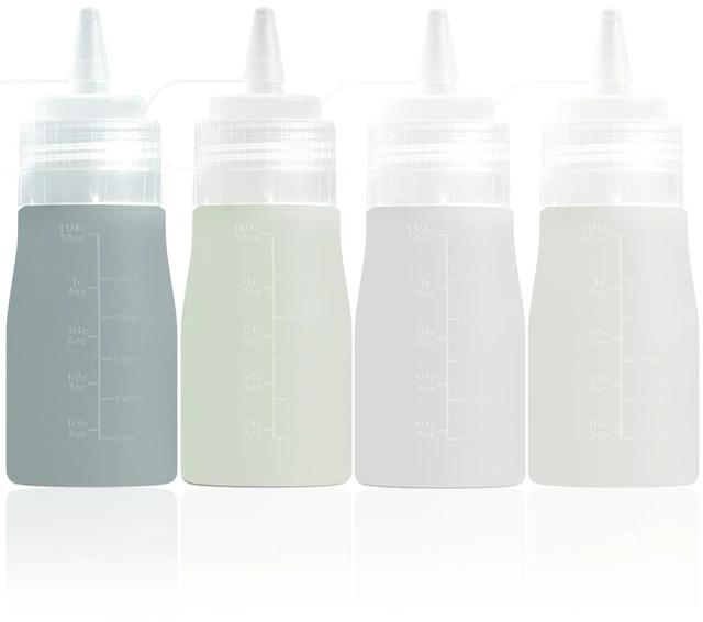 Main image of 12 oz Silicone Squeeze Bottles for Sauces & Oil, 4 Pack, Grey | Leak Proof Condiment Containers, Interchangeable Extra Lid, Food Grade, BPA Free Easy Squeeze for Honey, Ketchup & Dressing