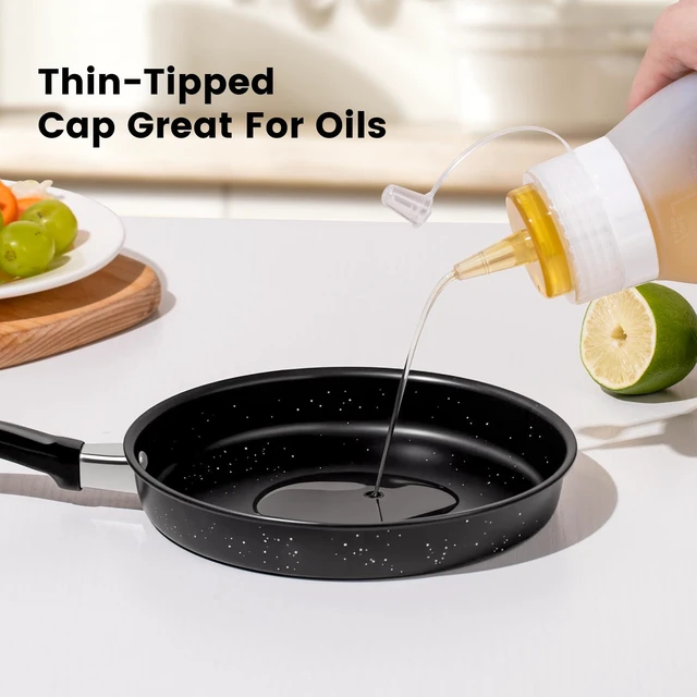 Alt view image 2 of 7 - 12 oz Silicone Squeeze Bottles for Sauces & Oil, 4 Pack, Grey | Leak Proof Condiment Containers, Interchangeable Extra Lid, Food Grade, BPA Free Easy Squeeze for Honey, Ketchup & Dressing