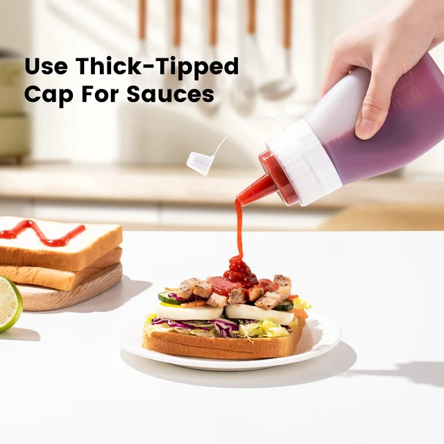 Alt view image 3 of 7 - 12 oz Silicone Squeeze Bottles for Sauces & Oil, 4 Pack, Grey | Leak Proof Condiment Containers, Interchangeable Extra Lid, Food Grade, BPA Free Easy Squeeze for Honey, Ketchup & Dressing