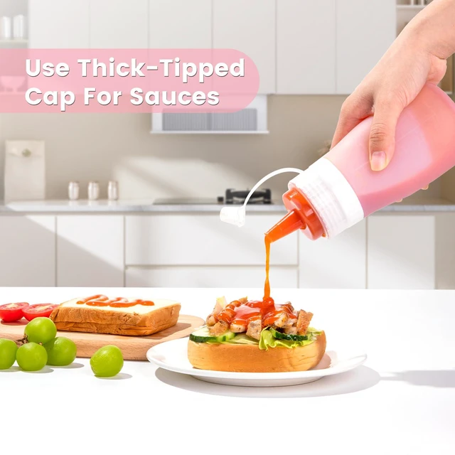 Alt view image 3 of 7 - 16 oz Silicone Squeeze Bottles for Sauces & Oil, 4 Pack, Pink | Leak Proof Condiment Containers, Interchangeable Extra Lid, Food Grade, BPA Free Easy Squeeze for Honey, Ketchup & Dressing