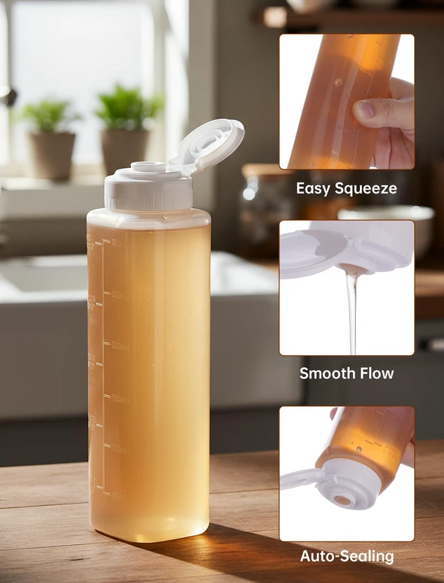Alt view image 2 of 7 - Honey Dispenser No Drip 10oz Squeeze Bottle for Syrup Sauce 1Pcs | Automatic Self-Sealing Valve Opens on Pressure and Rebounds Instantly to Prevent Backflow and Messy Drips