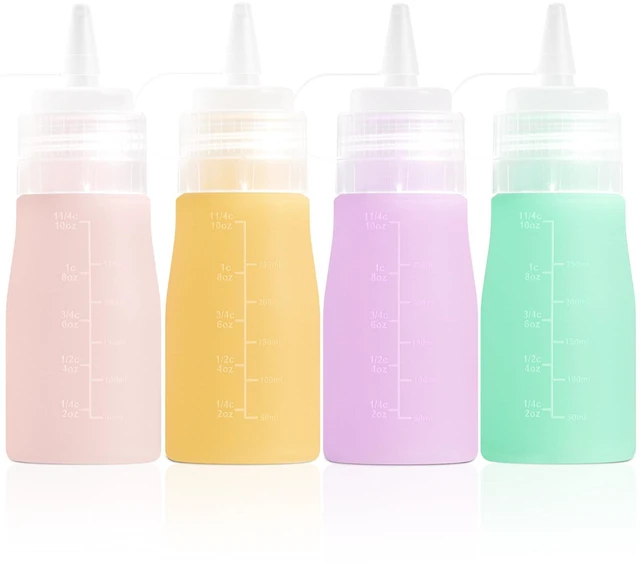 Main image of 12oz Silicone Squeeze Bottles for Sauces & Oil, 4 Pack, Pink | Leak Proof Condiment Containers, Interchangeable Extra Lid, Food Grade, BPA Free Easy Squeeze for Honey, Ketchup & Dressing