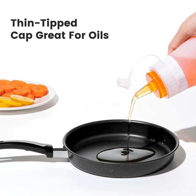 Alt view image 2 of 7 - 12oz Silicone Squeeze Bottles for Sauces & Oil, 4 Pack, Pink | Leak Proof Condiment Containers, Interchangeable Extra Lid, Food Grade, BPA Free Easy Squeeze for Honey, Ketchup & Dressing