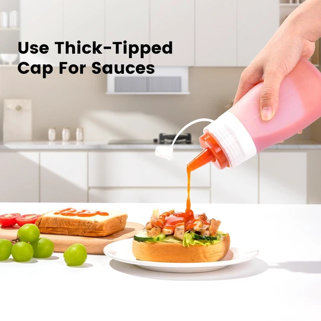 Alt view image 3 of 7 - 12oz Silicone Squeeze Bottles for Sauces & Oil, 4 Pack, Pink | Leak Proof Condiment Containers, Interchangeable Extra Lid, Food Grade, BPA Free Easy Squeeze for Honey, Ketchup & Dressing