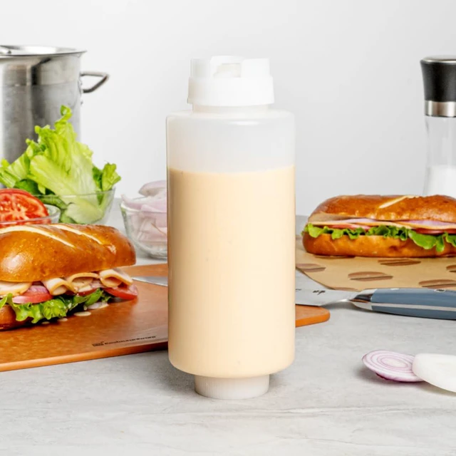 Alt view image 3 of 6 - 32oz. FIFO Inverted Plastic Squeeze Bottle with Refill and Dispensing Lids - First In First Out - Perfect for Restaurants, Catering, and Food Trucks - 1ct box
